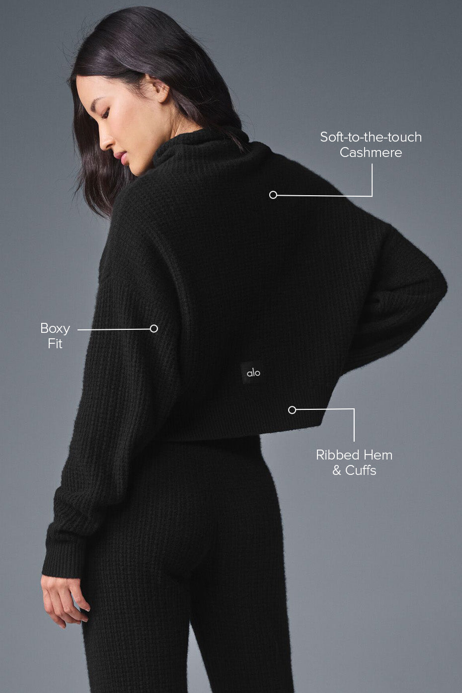 Cashmere Plush Waffle Turtleneck Pullover - Black image 2