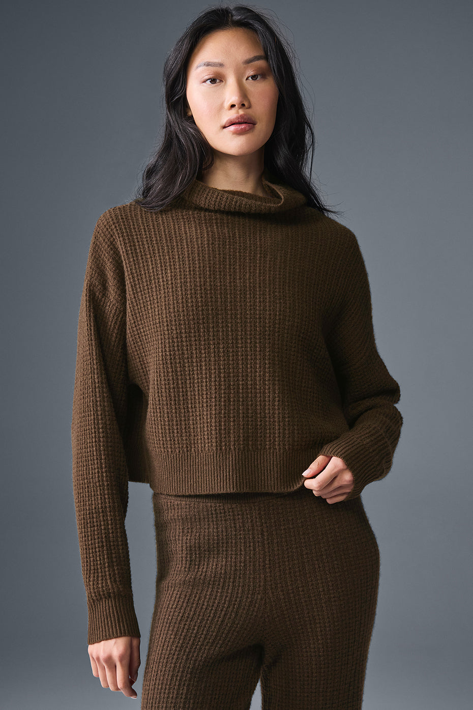 Cashmere Plush Waffle Turtleneck Pullover - Espresso image 1