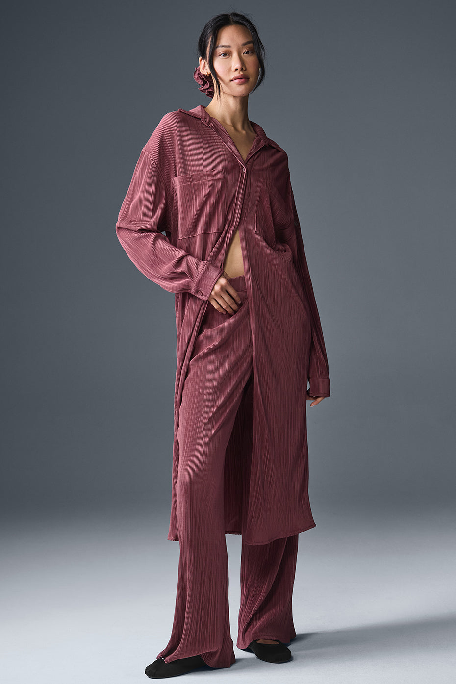 Micro Plisse Shirt Dress - Burgundy Truffle image 1