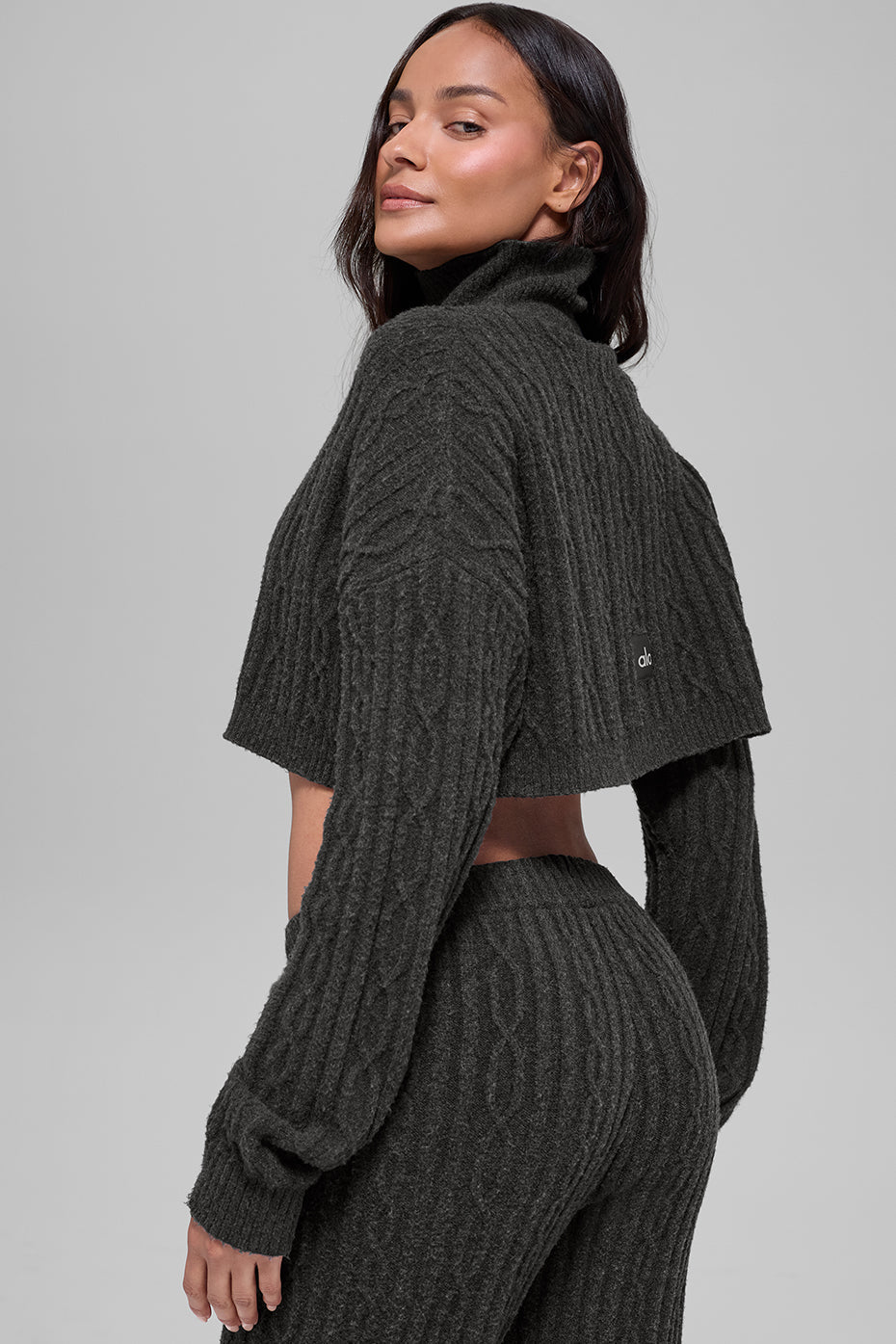 Cable Knit Cropped Winter Bliss Turtleneck Long Sleeve - Dark Heather Grey image 3