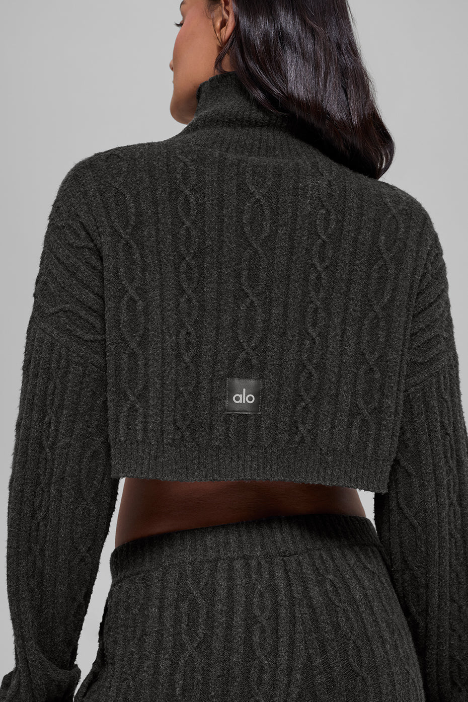 Cable Knit Cropped Winter Bliss Turtleneck Long Sleeve - Dark Heather Grey image 6