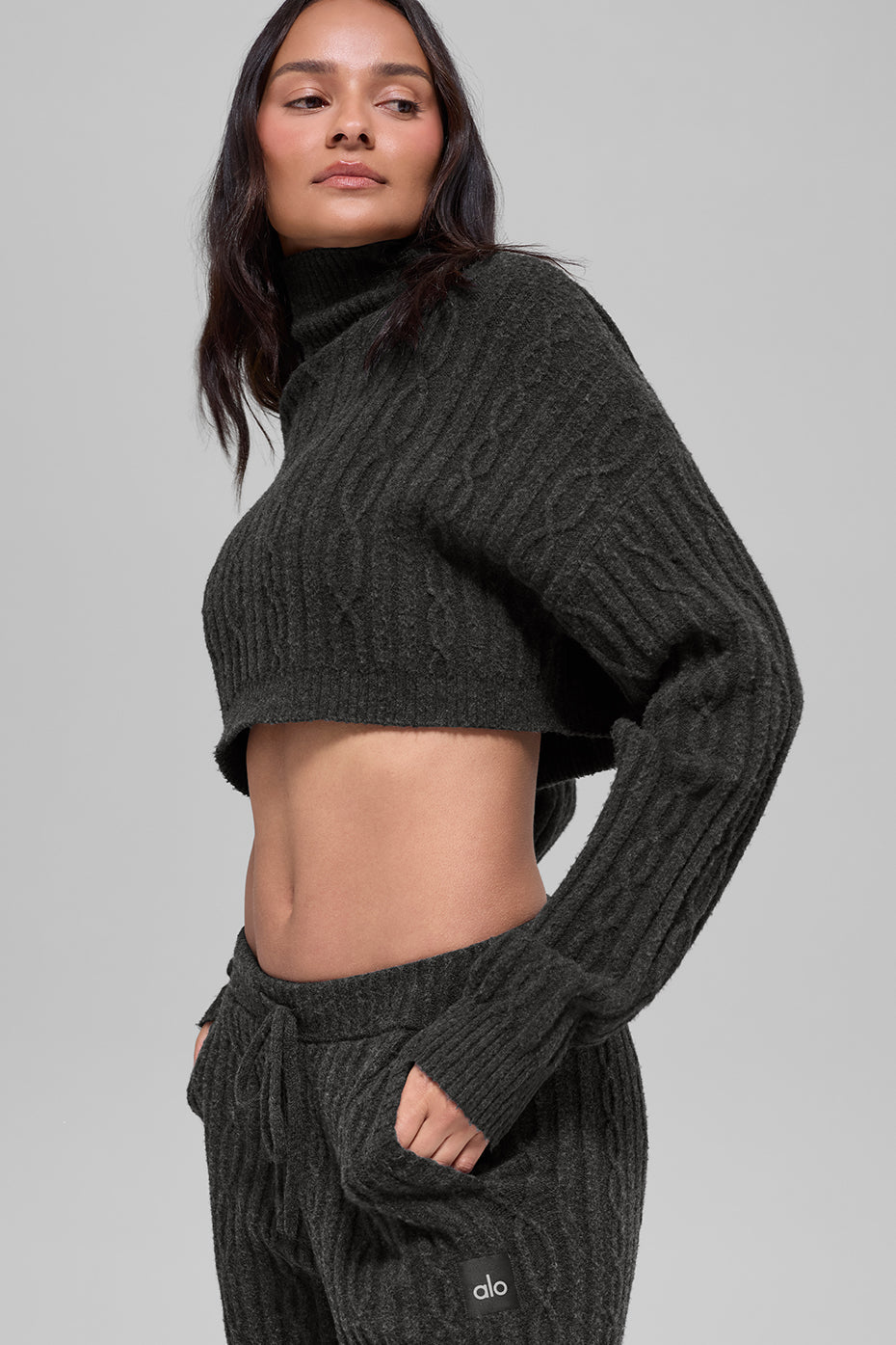 Cable Knit Cropped Winter Bliss Turtleneck Long Sleeve - Dark Heather Grey image 4