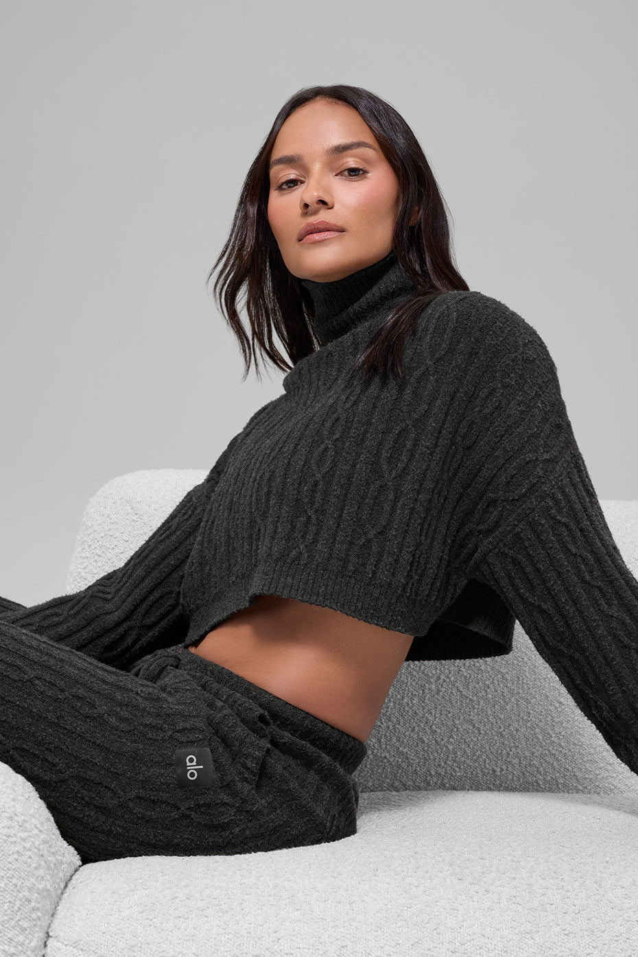 Cable Knit Cropped Winter Bliss Turtleneck Long Sleeve - Dark Heather Grey image 5