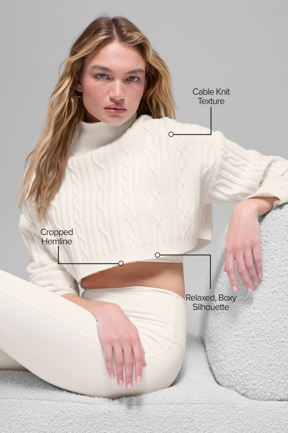 Cable Knit Cropped Winter Bliss Turtleneck Long Sleeve - Ivory image 2