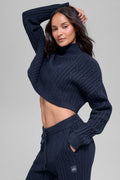 Cable Knit Cropped Winter Bliss Turtleneck Long Sleeve - Navy image 1