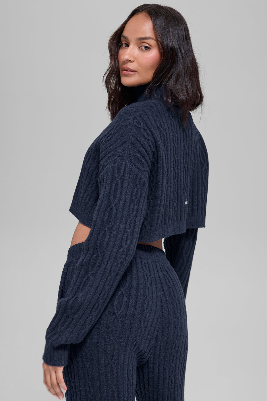 Cable Knit Cropped Winter Bliss Turtleneck Long Sleeve - Navy image 4
