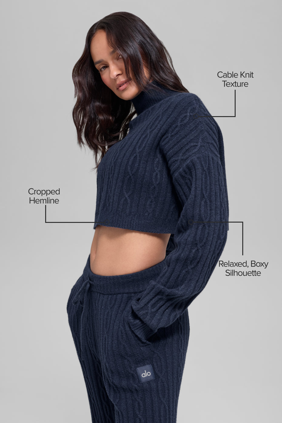 Cable Knit Cropped Winter Bliss Turtleneck Long Sleeve - Navy image 2