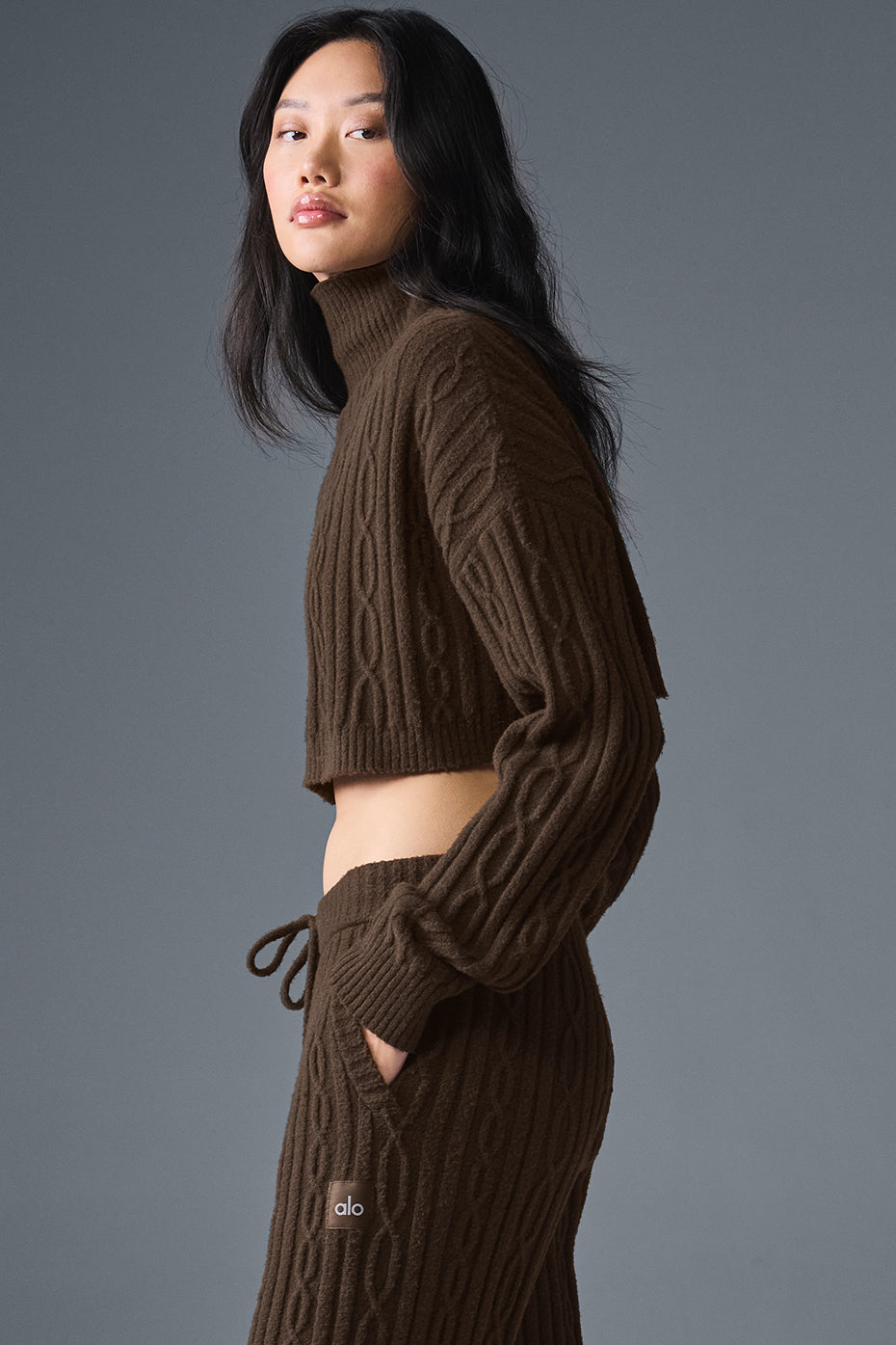 Cable Knit Cropped Winter Bliss Turtleneck Long Sleeve - Espresso image 5