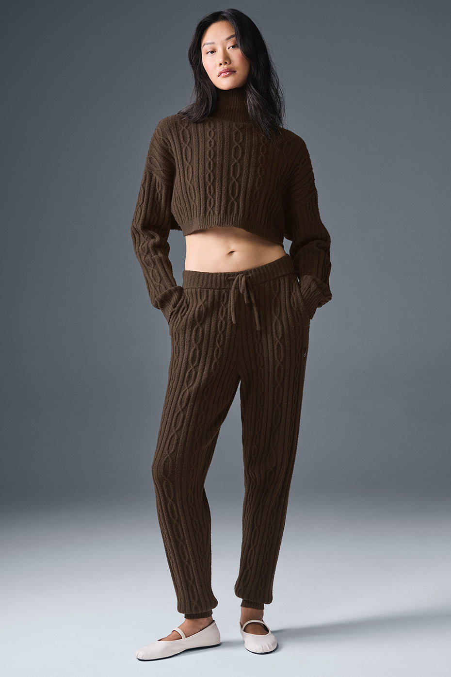 Cable Knit Cropped Winter Bliss Turtleneck Long Sleeve - Espresso image 3