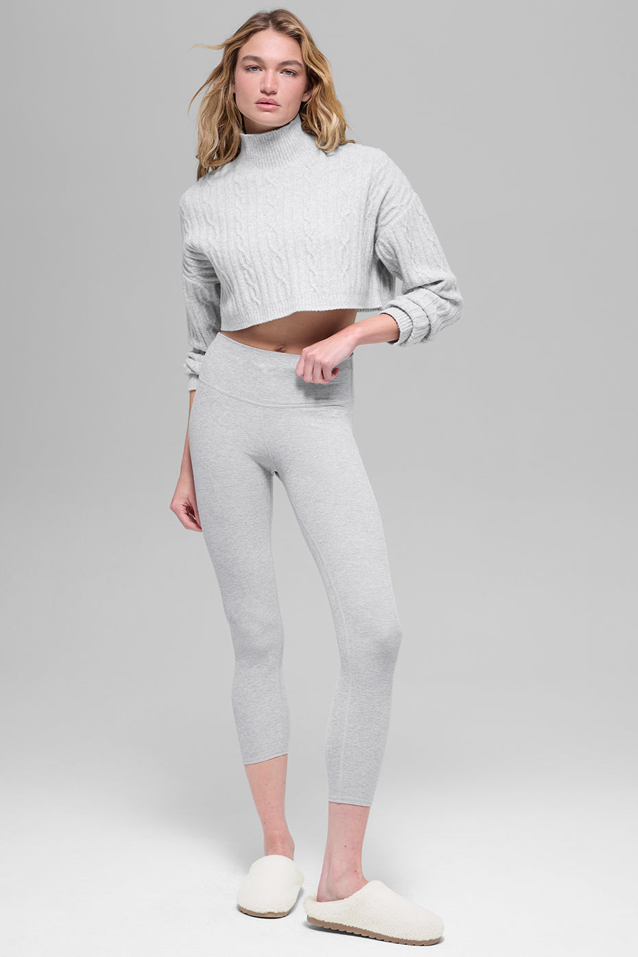 Cable Knit Cropped Winter Bliss Turtleneck Long Sleeve - Athletic Heather Grey image 5