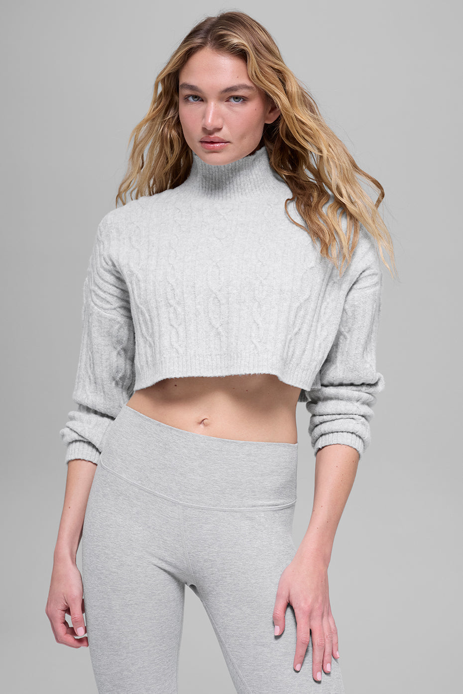 Cable Knit Cropped Winter Bliss Turtleneck Long Sleeve - Athletic Heather Grey image 1