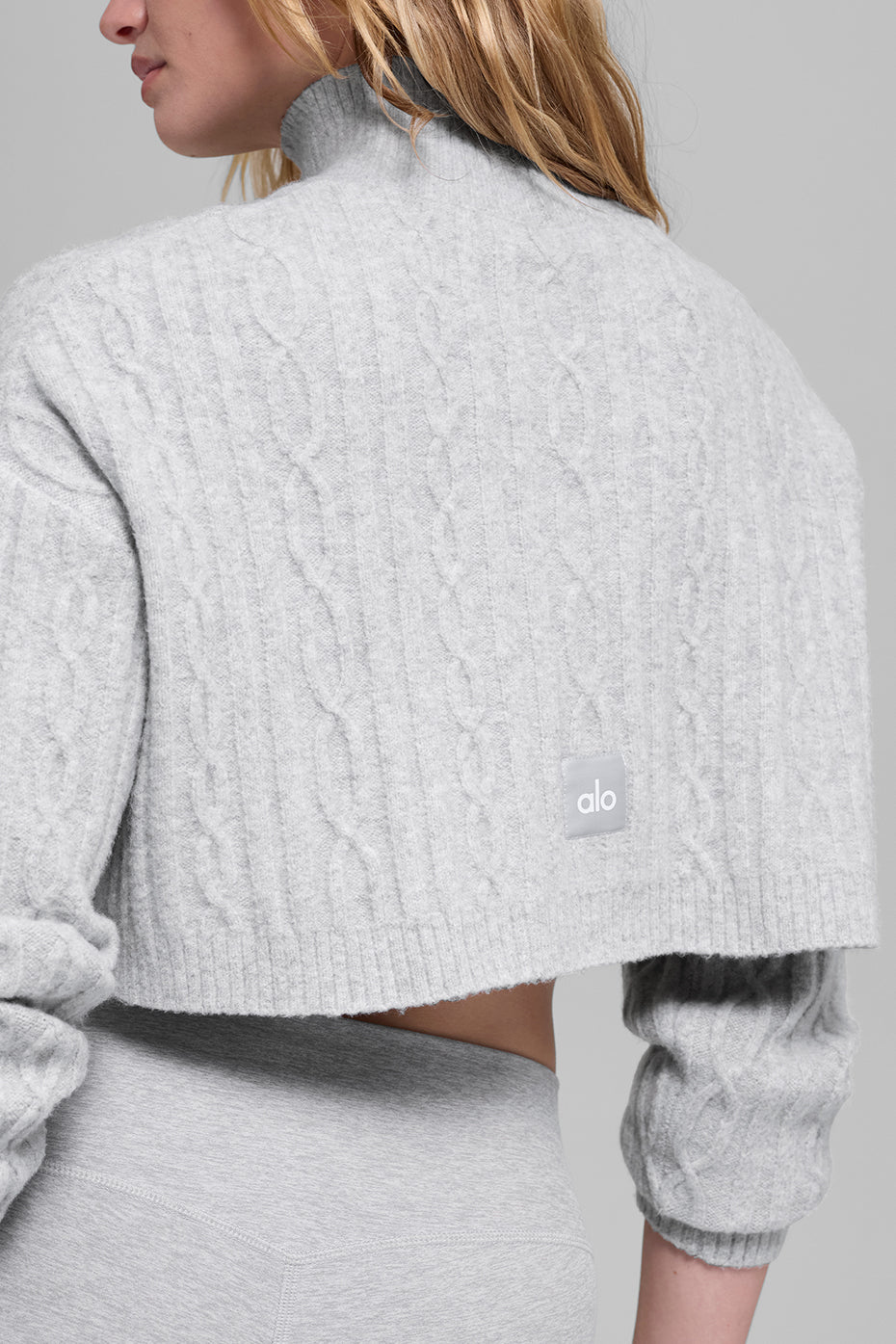 Cable Knit Cropped Winter Bliss Turtleneck Long Sleeve - Athletic Heather Grey image 3