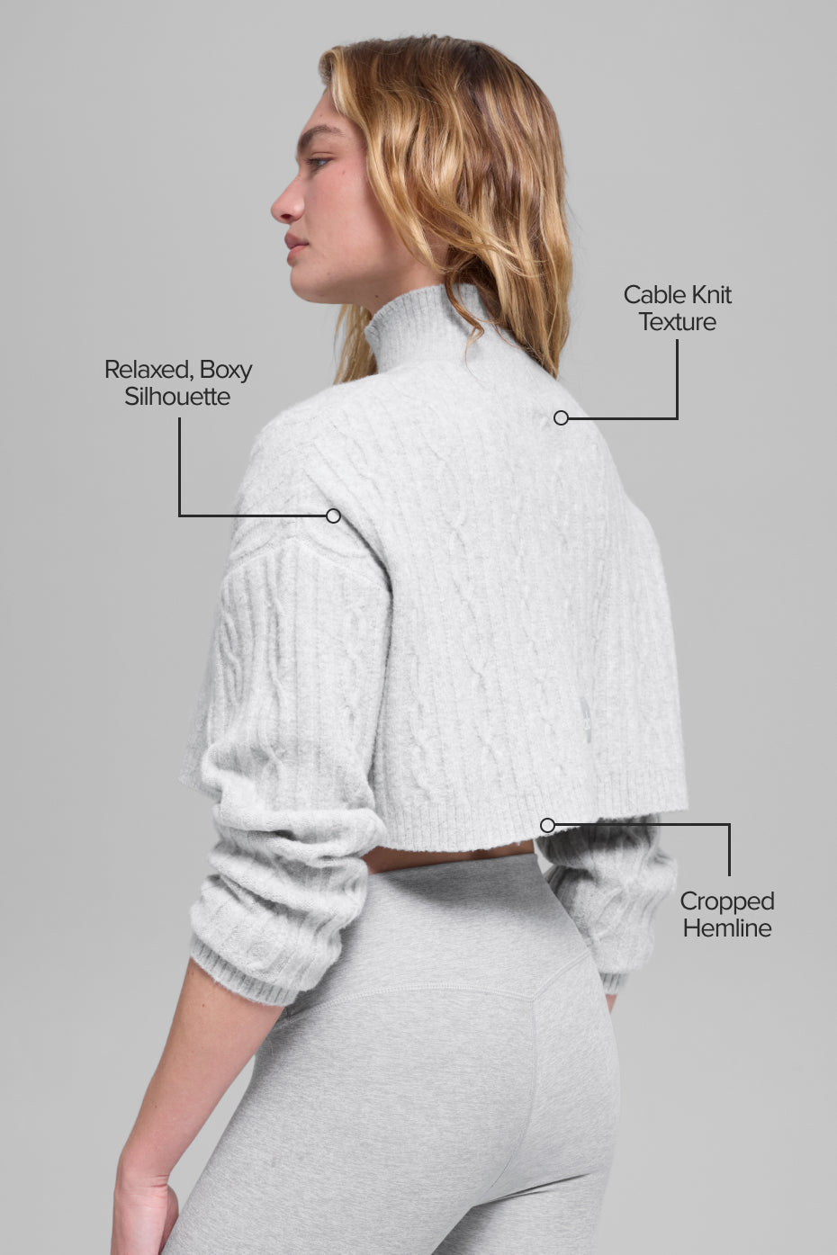 Cable Knit Cropped Winter Bliss Turtleneck Long Sleeve - Athletic Heather Grey image 2