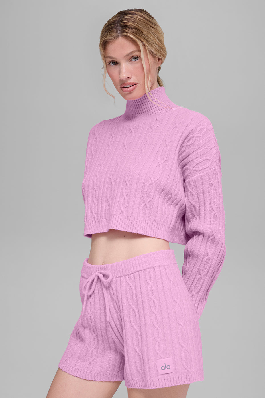 Cable Knit Cropped Winter Bliss Turtleneck Long Sleeve - Candy Heart Pink image 4