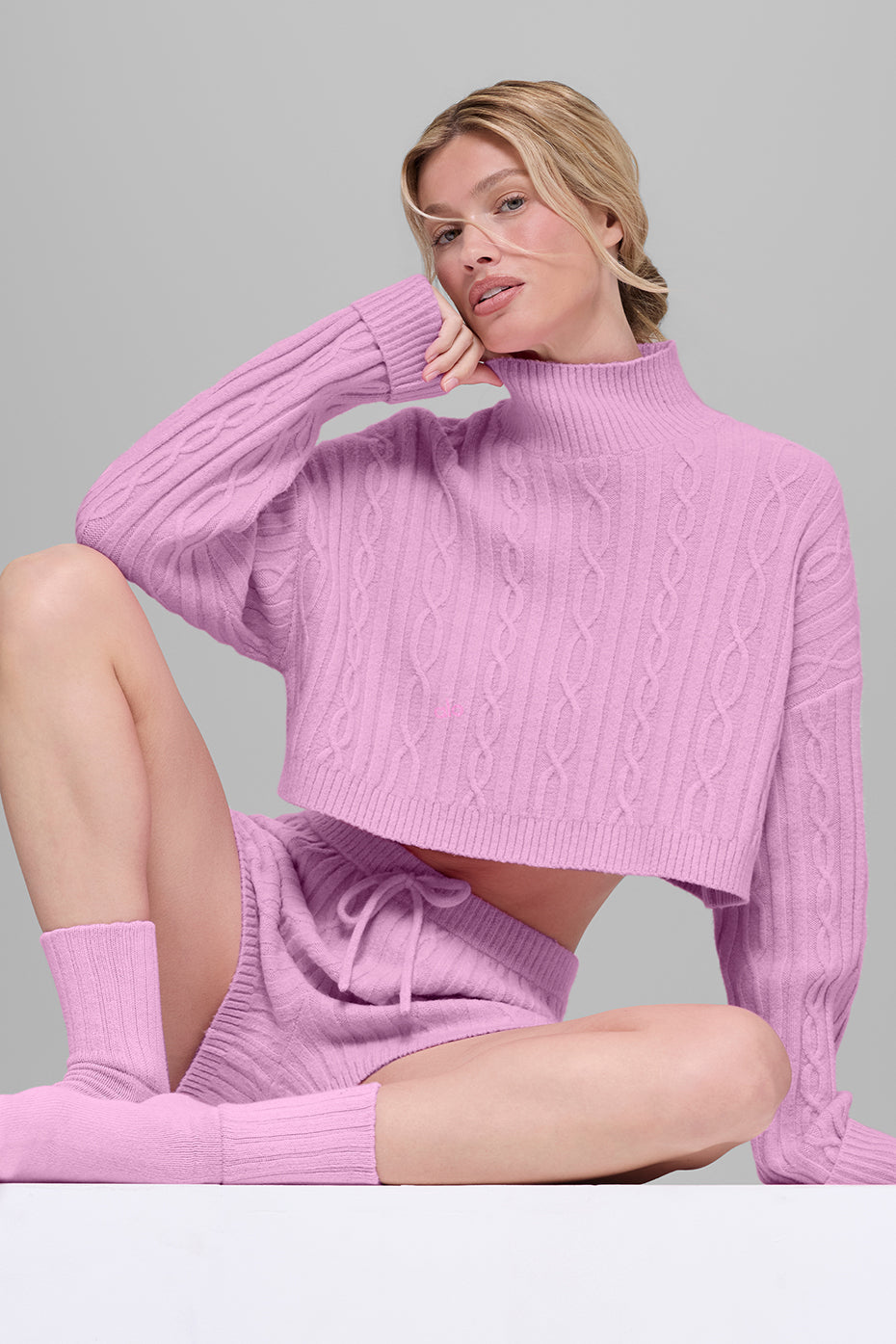 Cable Knit Cropped Winter Bliss Turtleneck Long Sleeve - Candy Heart Pink image 5
