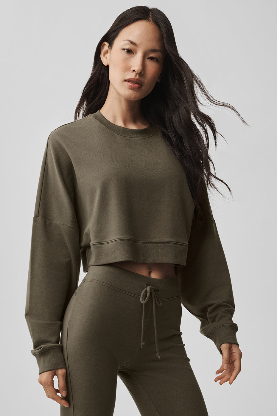 Cropped Sway Crew Neck Pullover - Olive Tree image 4
