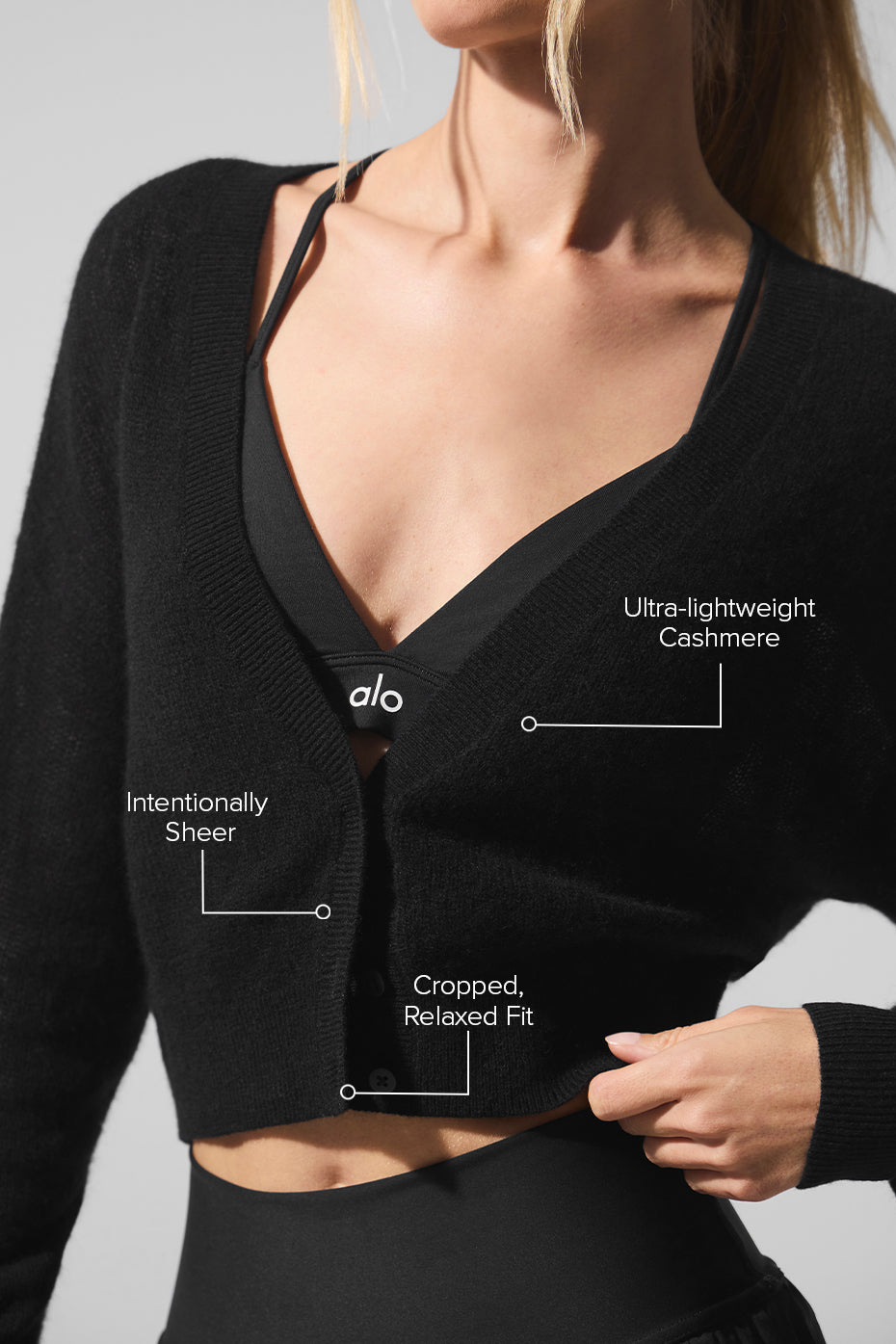Sheer Cashmere Cropped Cardigan - Black image 2