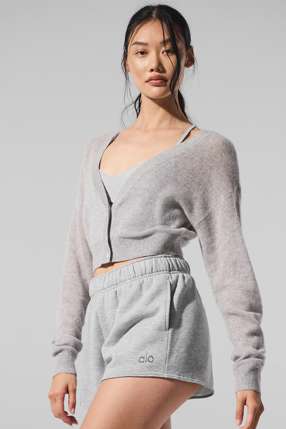 Sheer Cashmere Cropped Cardigan - Athletic Heather Grey image 5