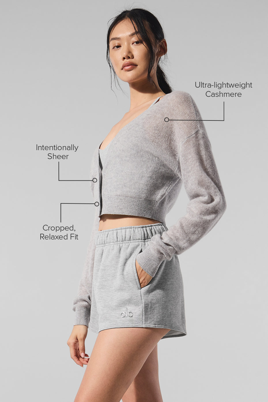 Sheer Cashmere Cropped Cardigan - Athletic Heather Grey image 2