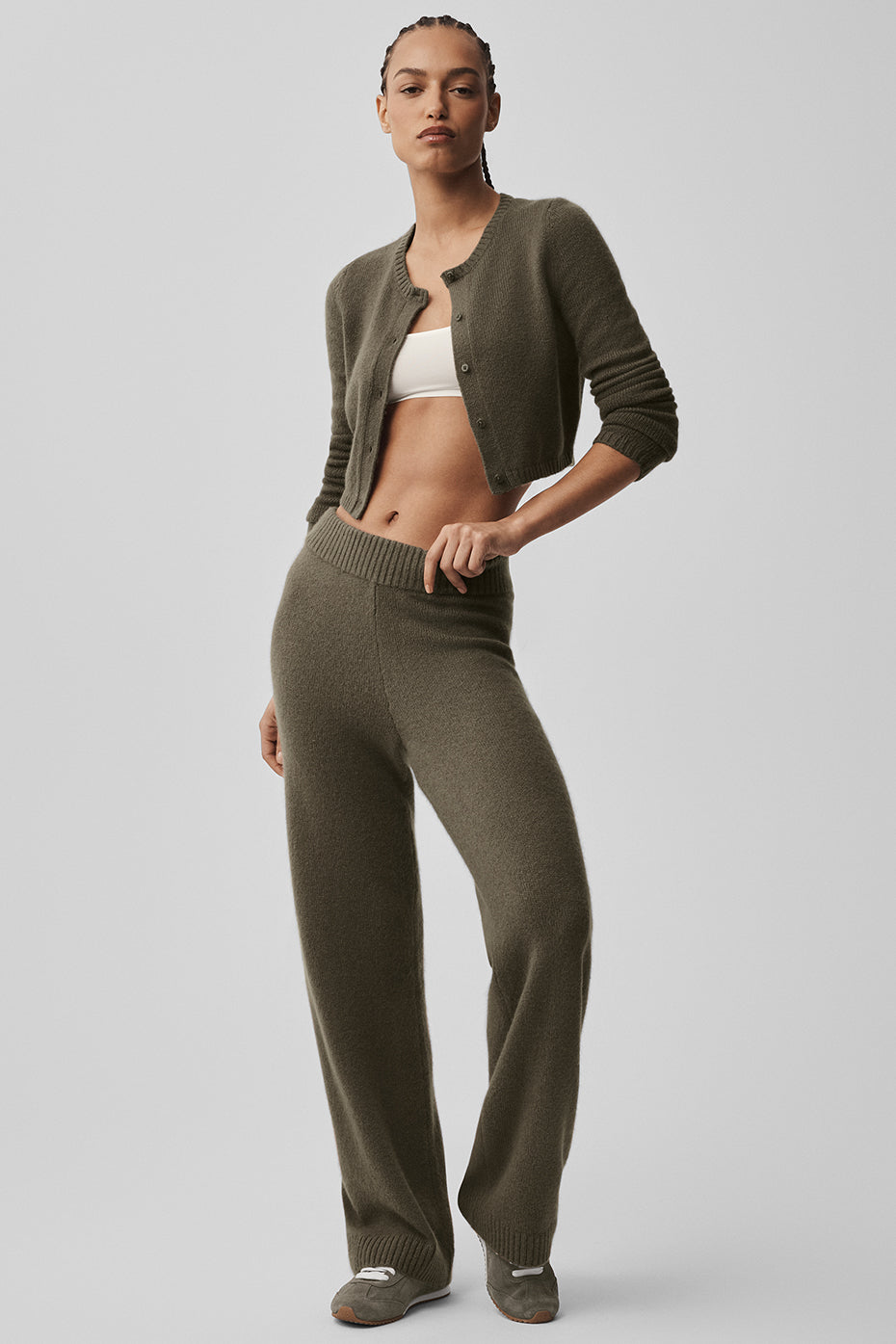 Wool Cashmere New Class Cropped Cardigan - Olive Tree image 4