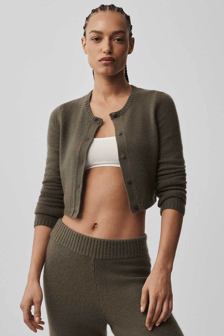 Wool Cashmere New Class Cropped Cardigan - Olive Tree image 1