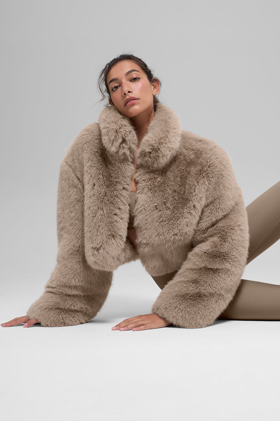 Opulent Faux Fur Cropped Jacket - Oat image 5