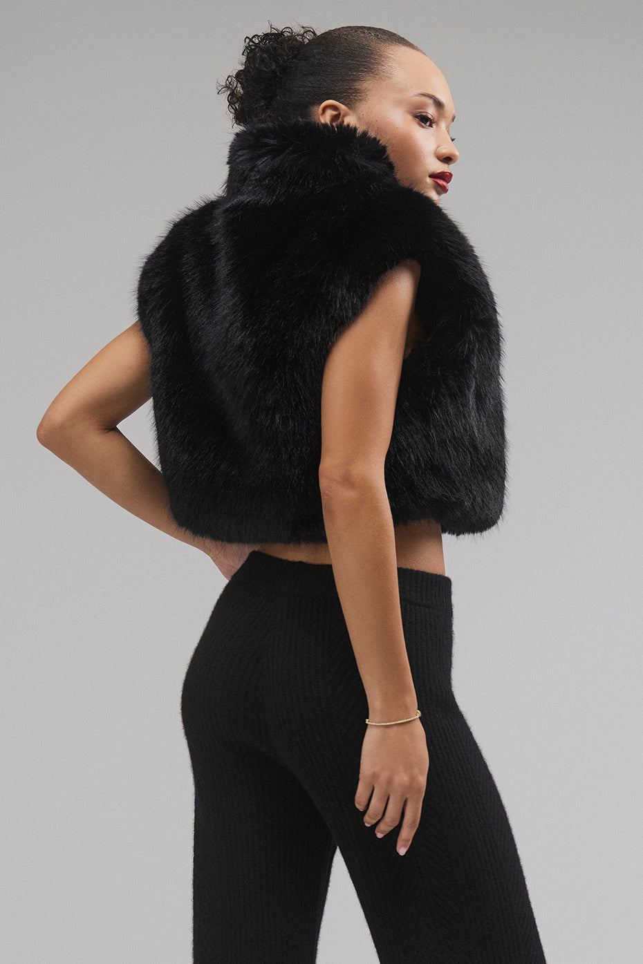 Opulent Faux Fur Cropped Vest - Black image 2