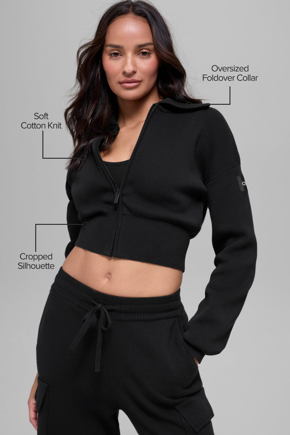 Scholar Knit Cropped Full Zip Jacket - Black image 2