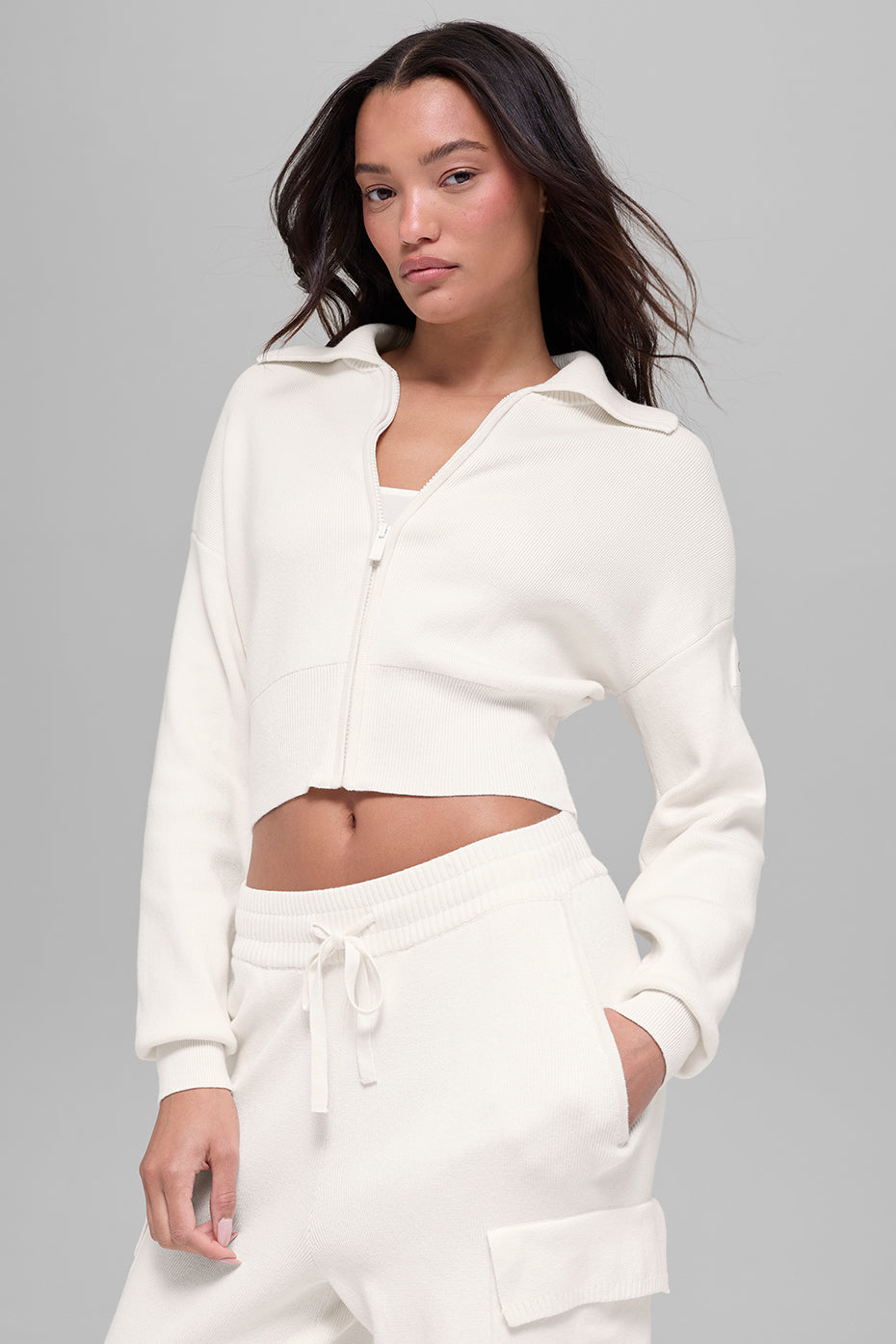 Scholar Knit Cropped Full Zip Jacket - Ivory image 3