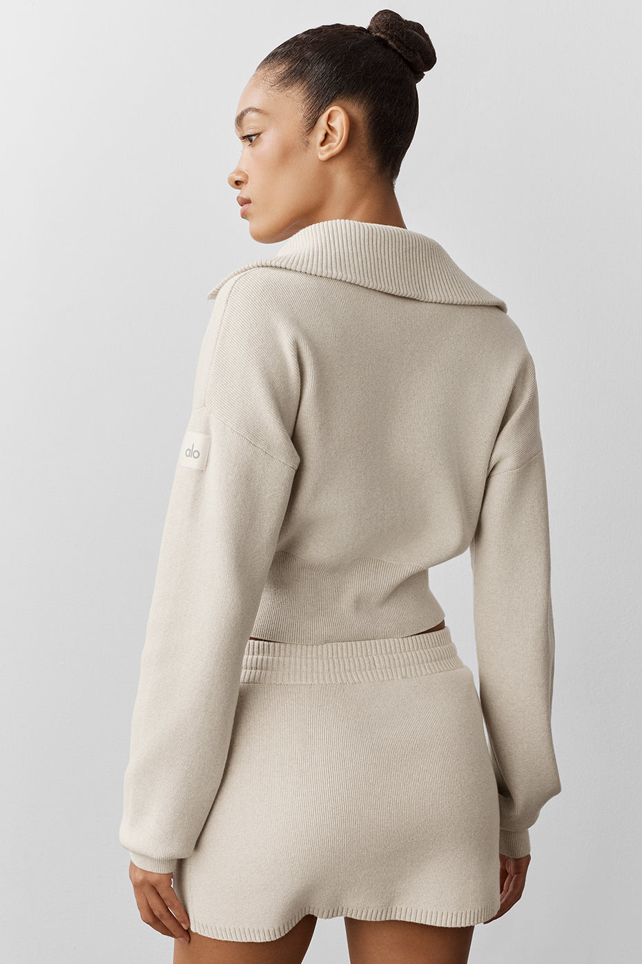 Scholar Knit Cropped Full Zip Jacket - Oatmeal Heather image 2