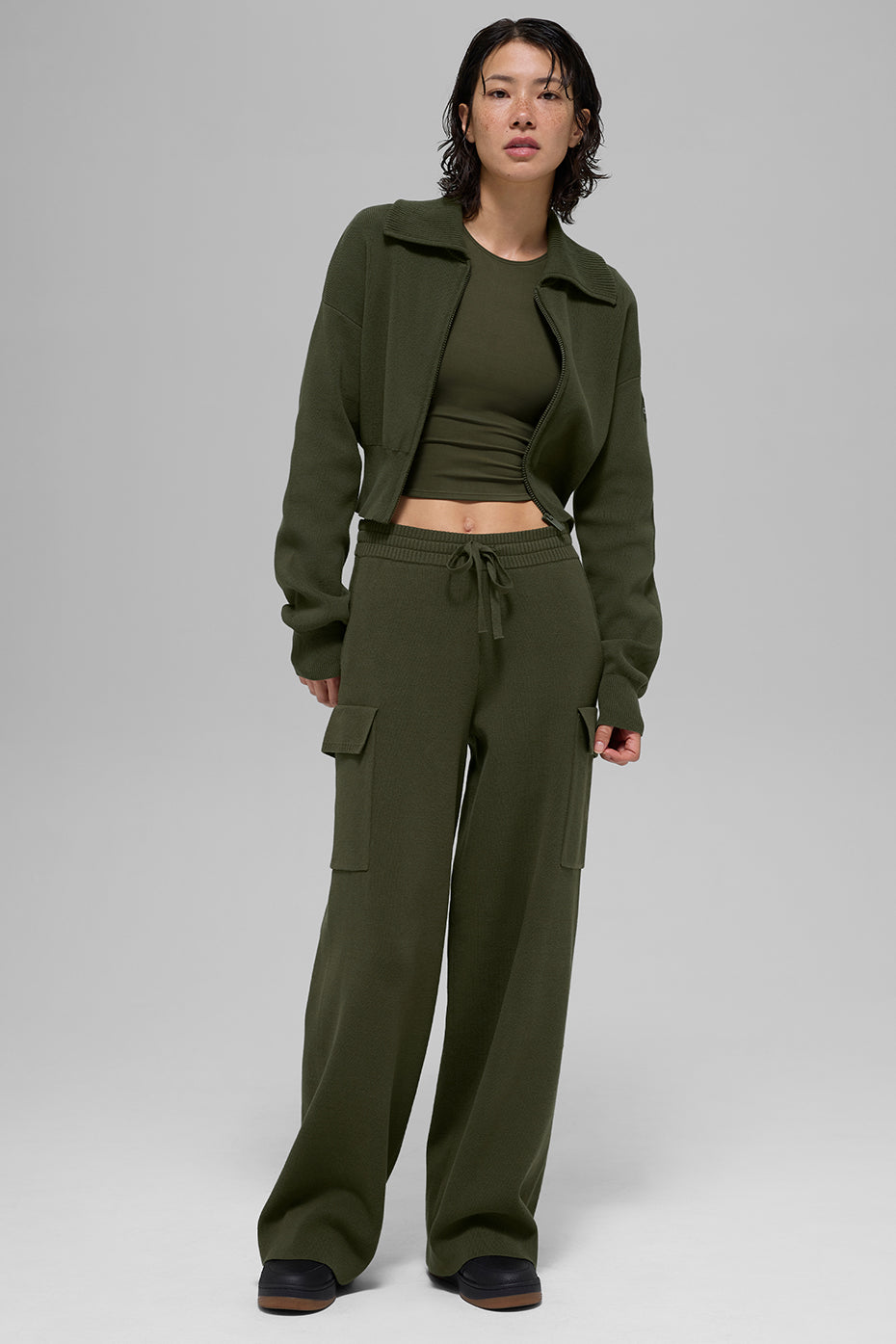 Scholar Knit Cropped Full Zip Jacket - Green Olive image 5