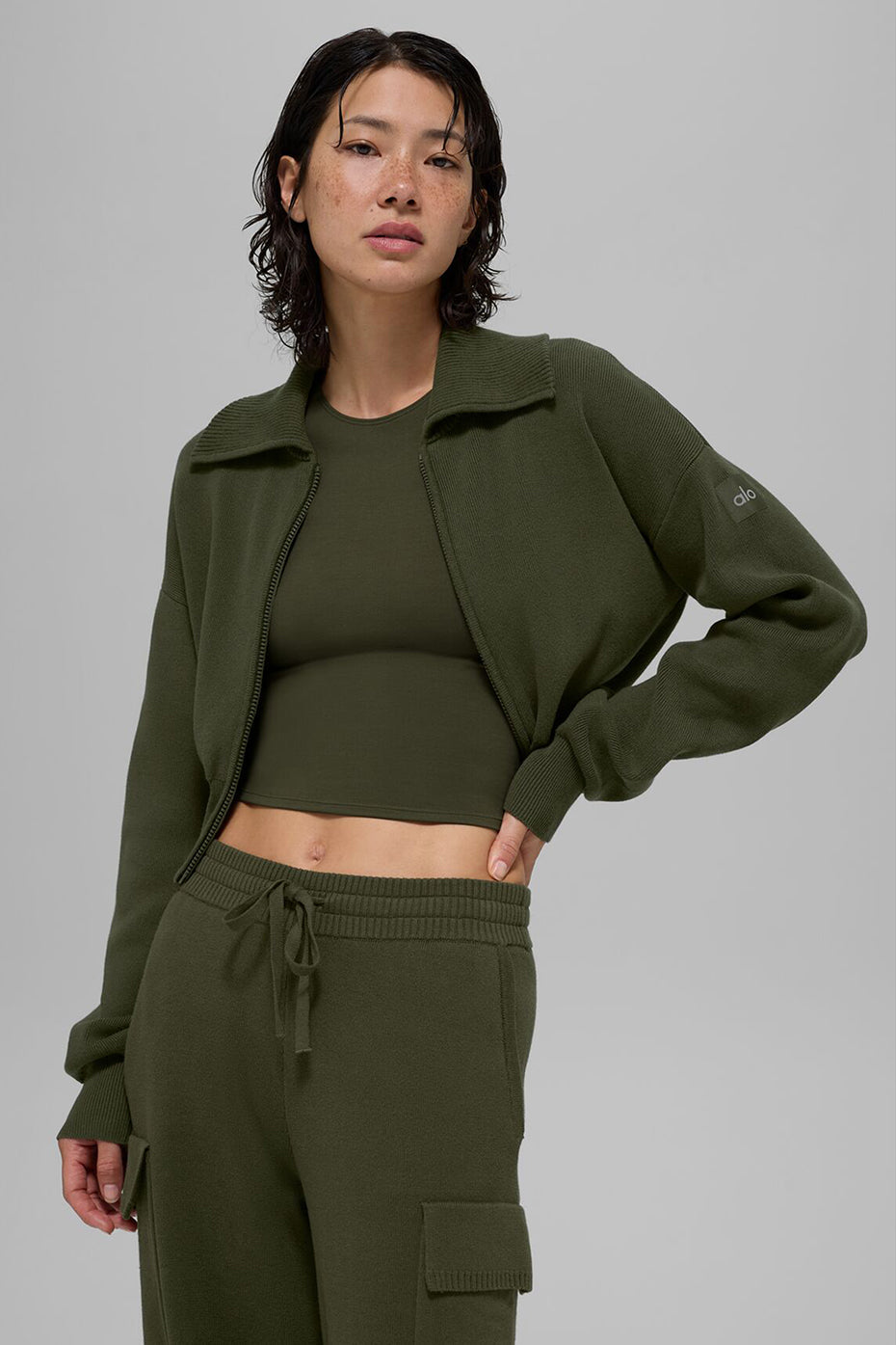 Scholar Knit Cropped Full Zip Jacket - Green Olive image 1