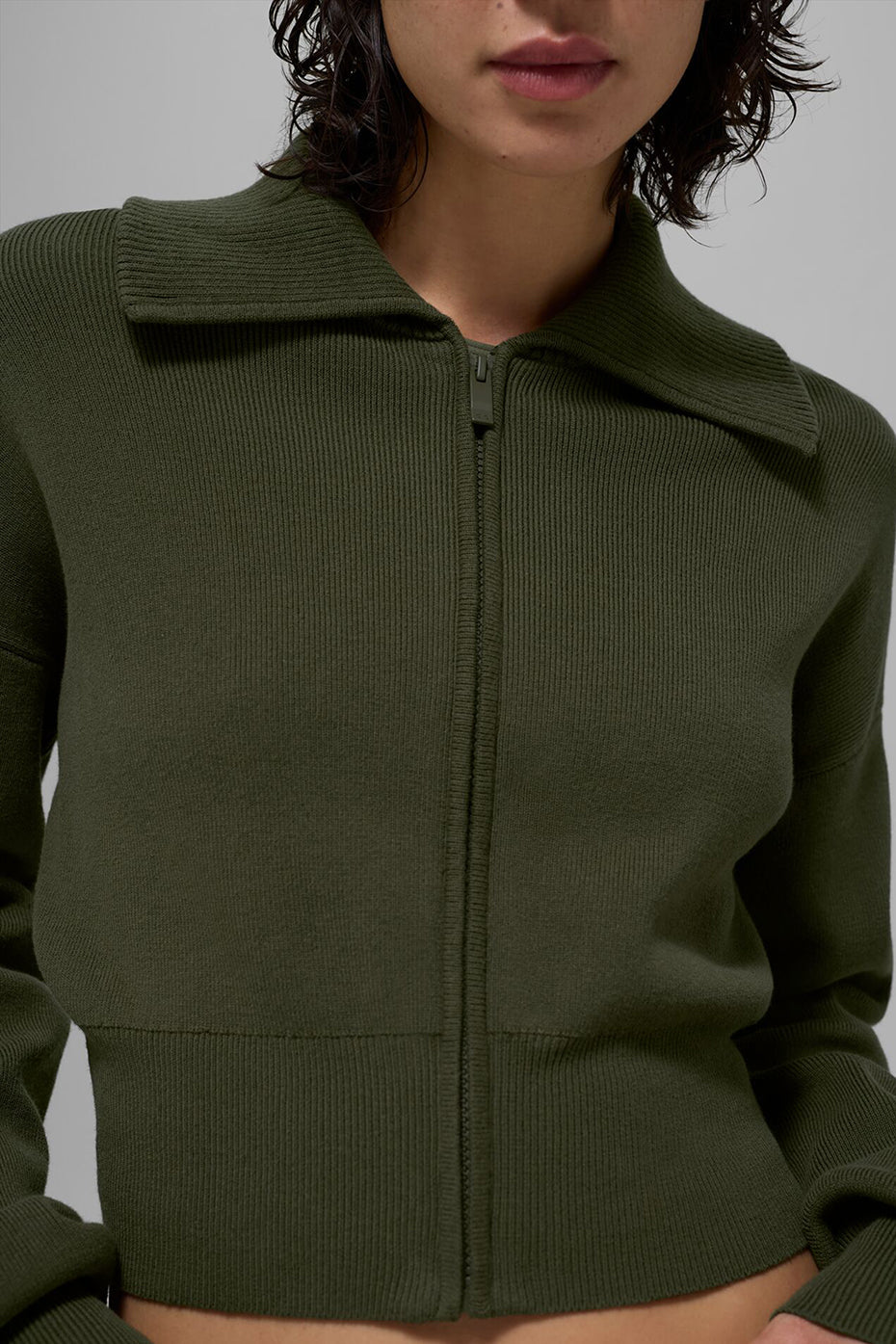 Scholar Knit Cropped Full Zip Jacket - Green Olive image 2