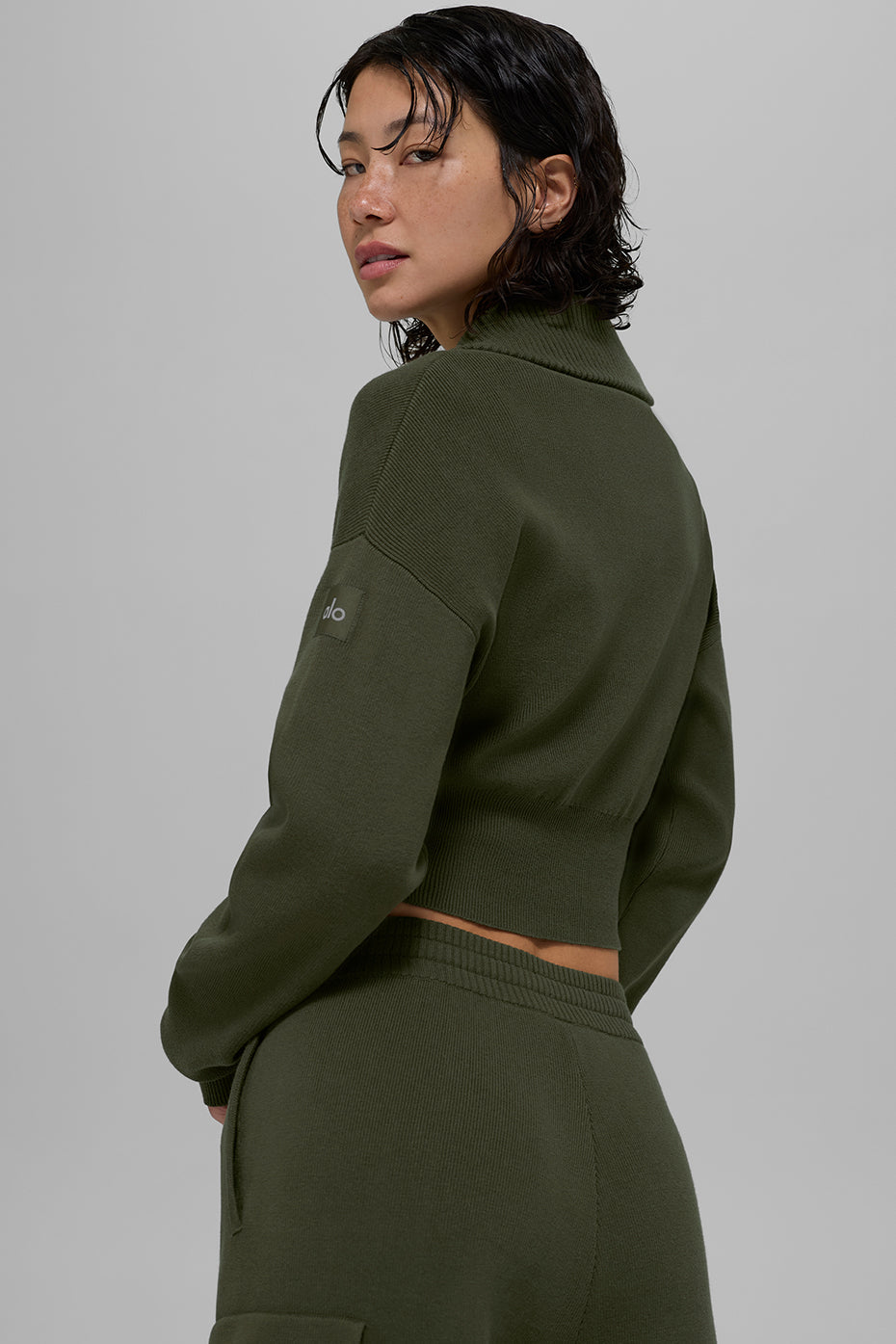 Scholar Knit Cropped Full Zip Jacket - Green Olive image 3