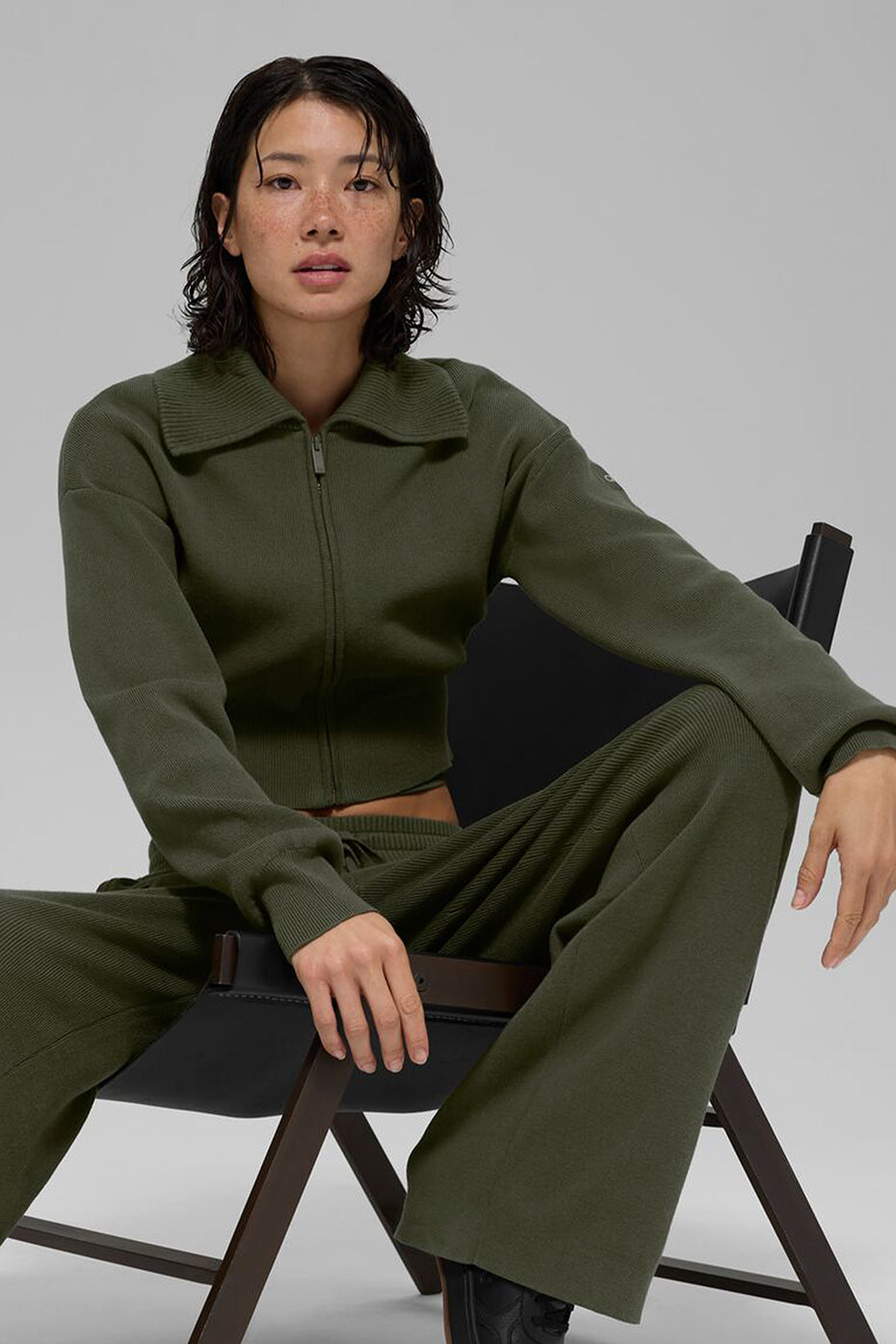 Scholar Knit Cropped Full Zip Jacket - Green Olive image 4