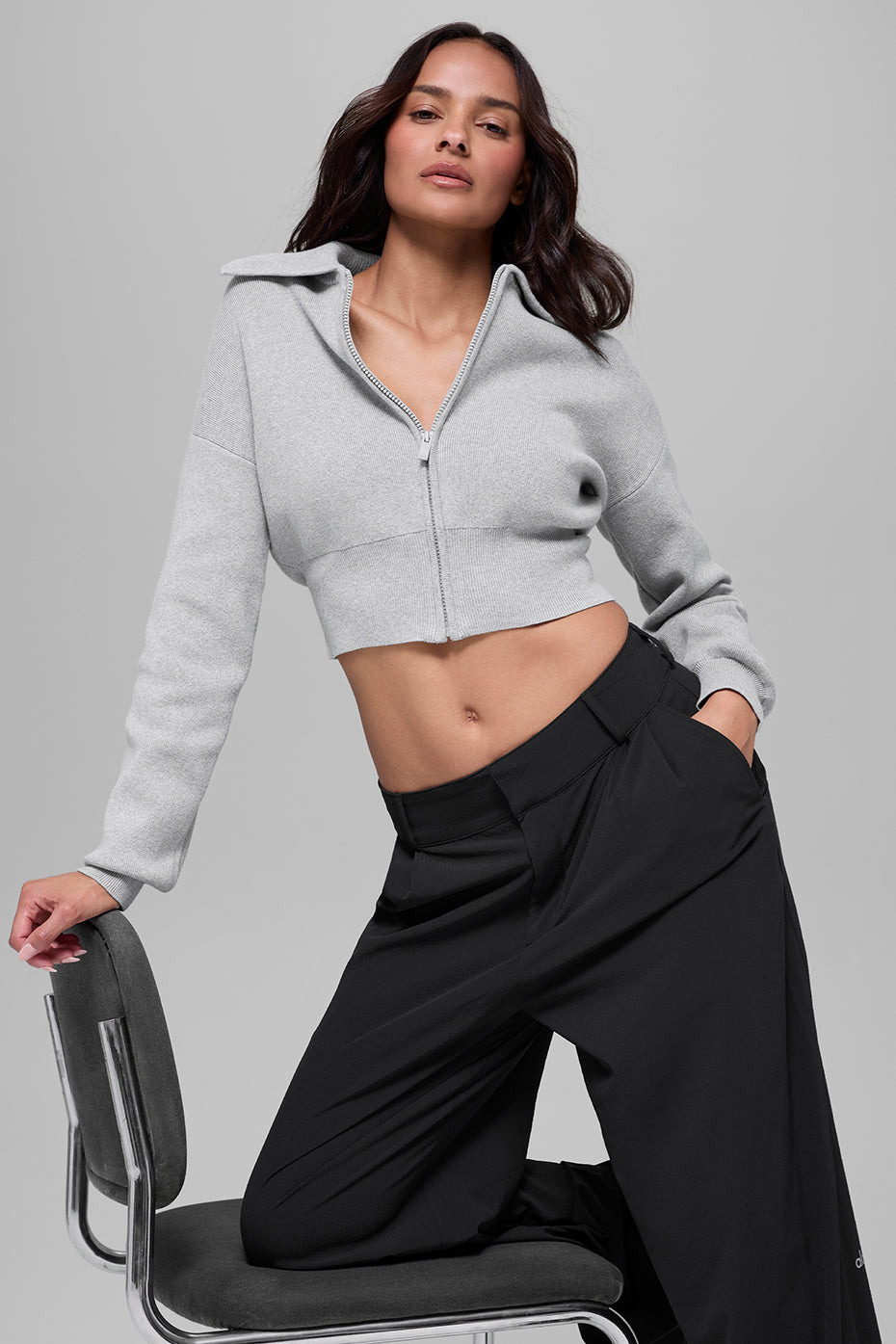 Scholar Knit Cropped Full Zip Jacket - Athletic Heather Grey image 1