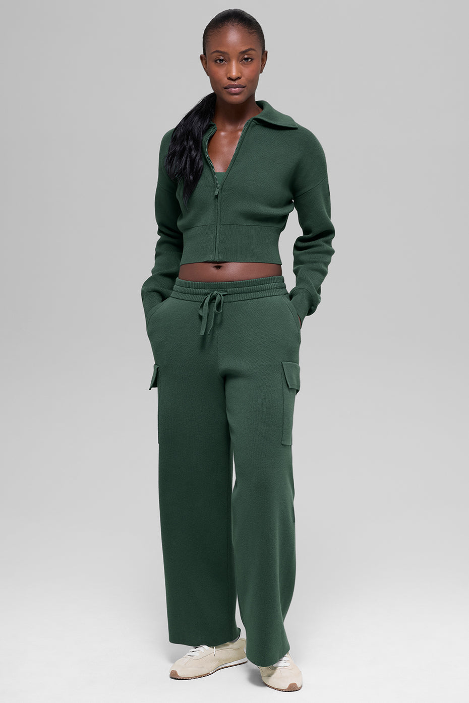 Scholar Knit Cropped Full Zip Jacket - Clover Green image 4