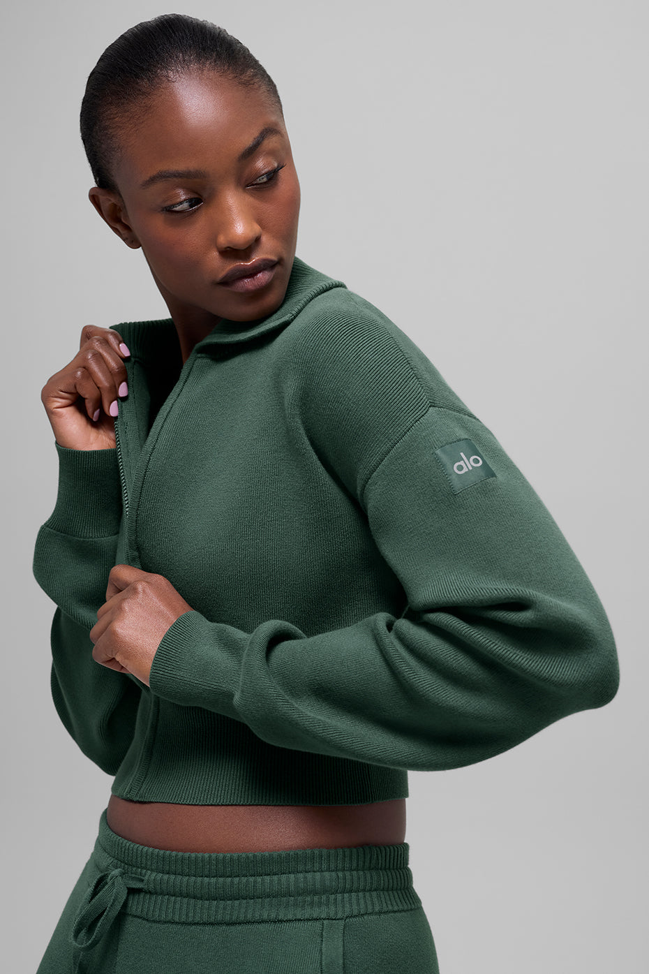 Scholar Knit Cropped Full Zip Jacket - Clover Green image 3