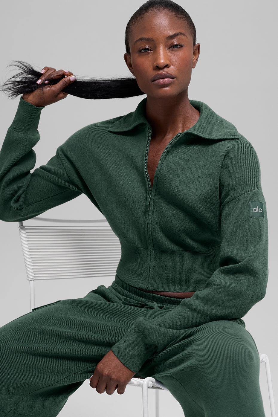 Scholar Knit Cropped Full Zip Jacket - Clover Green image 1