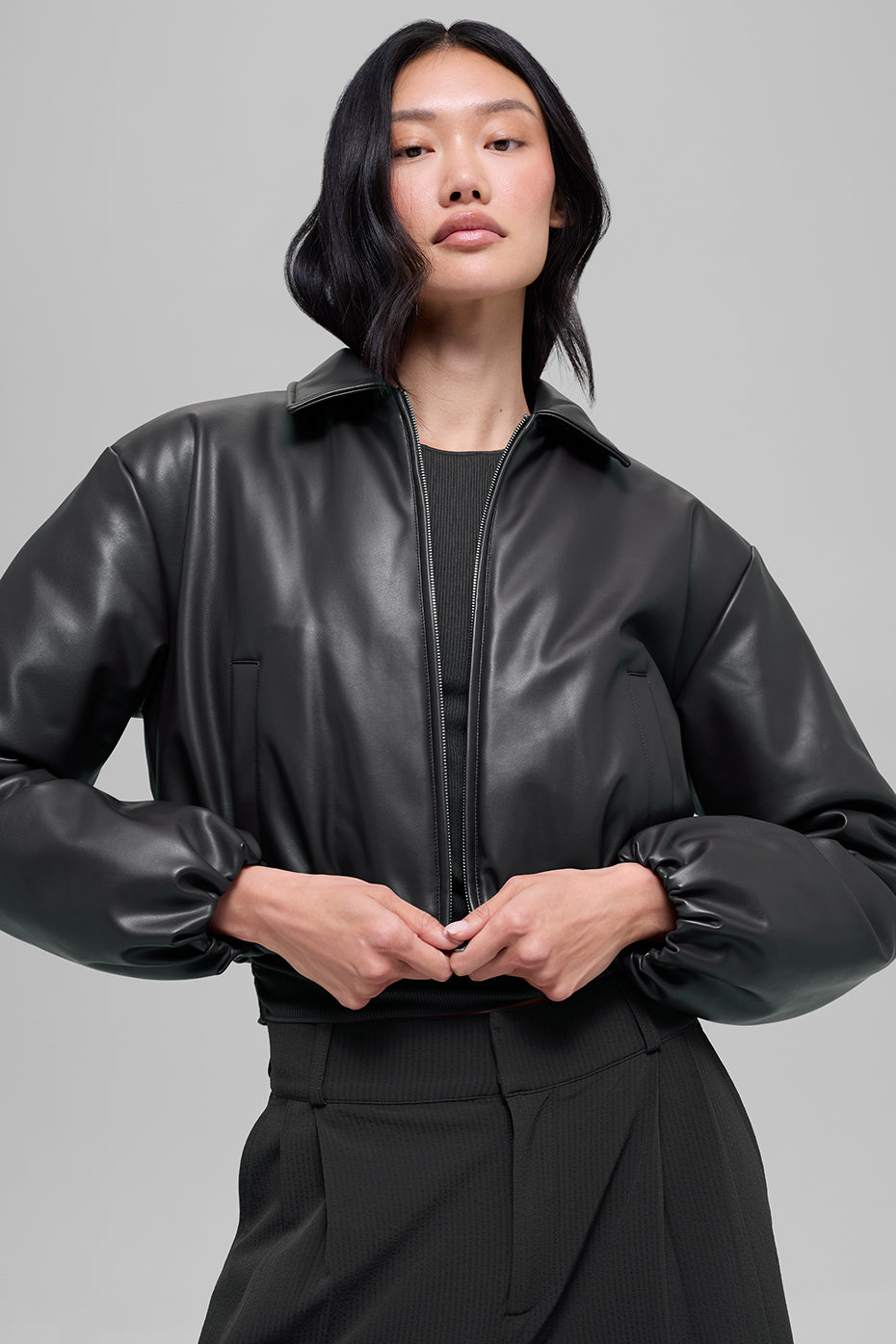 Faux Leather Cropped Premier Bomber - Black image 1