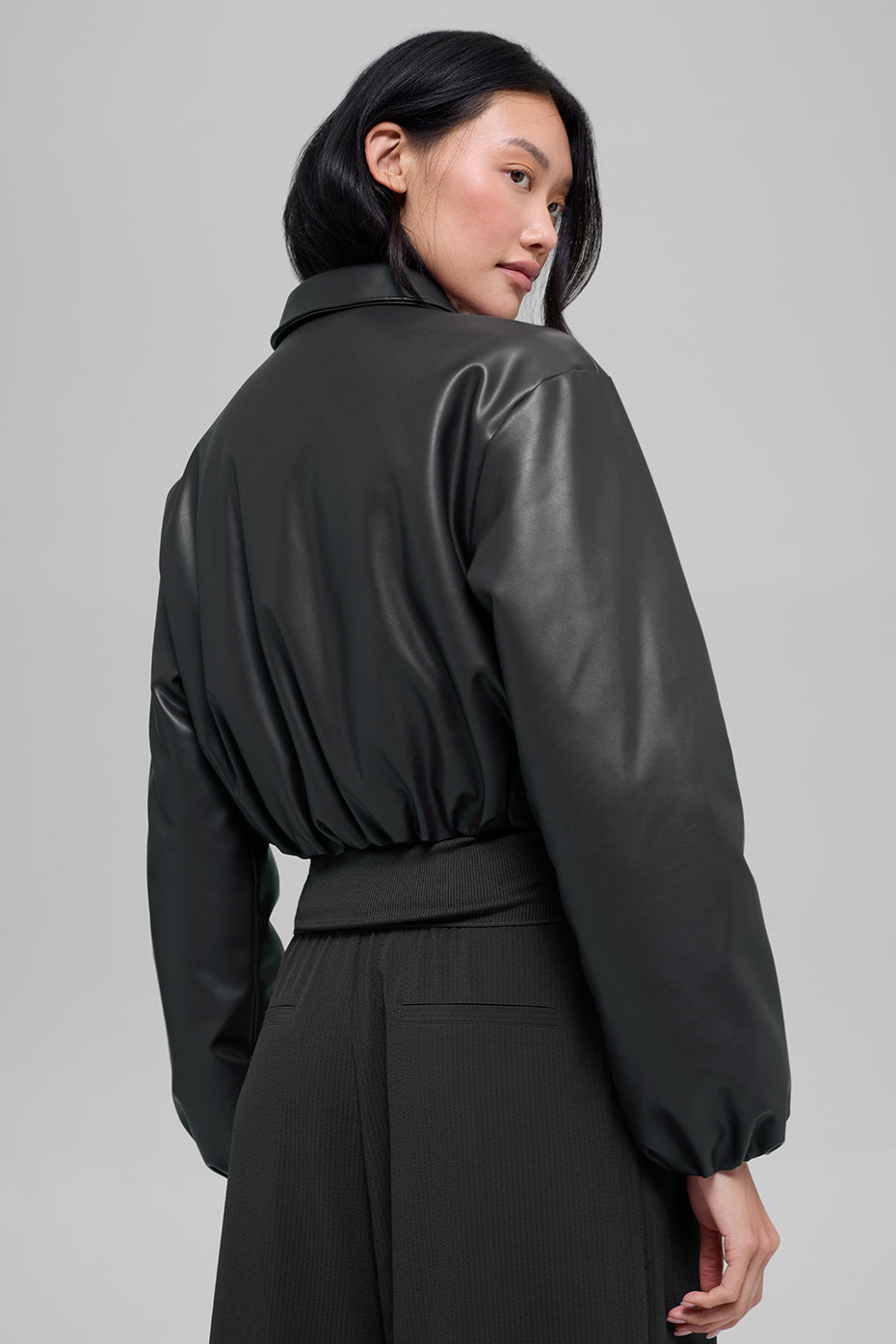 Faux Leather Cropped Premier Bomber - Black image 3