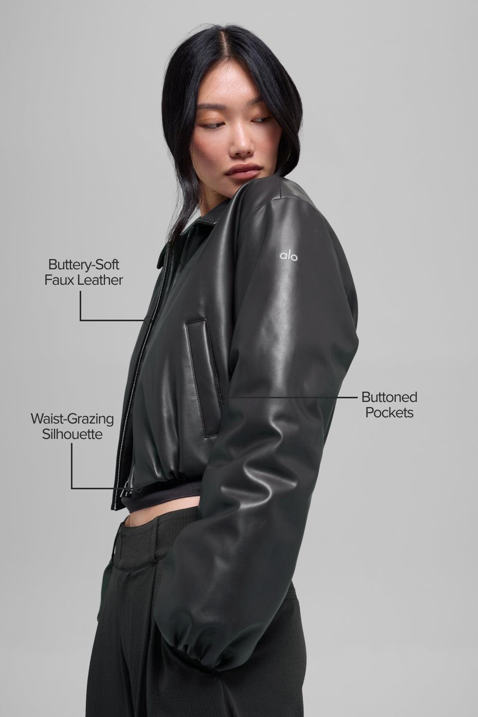 Faux Leather Cropped Premier Bomber - Black image 2