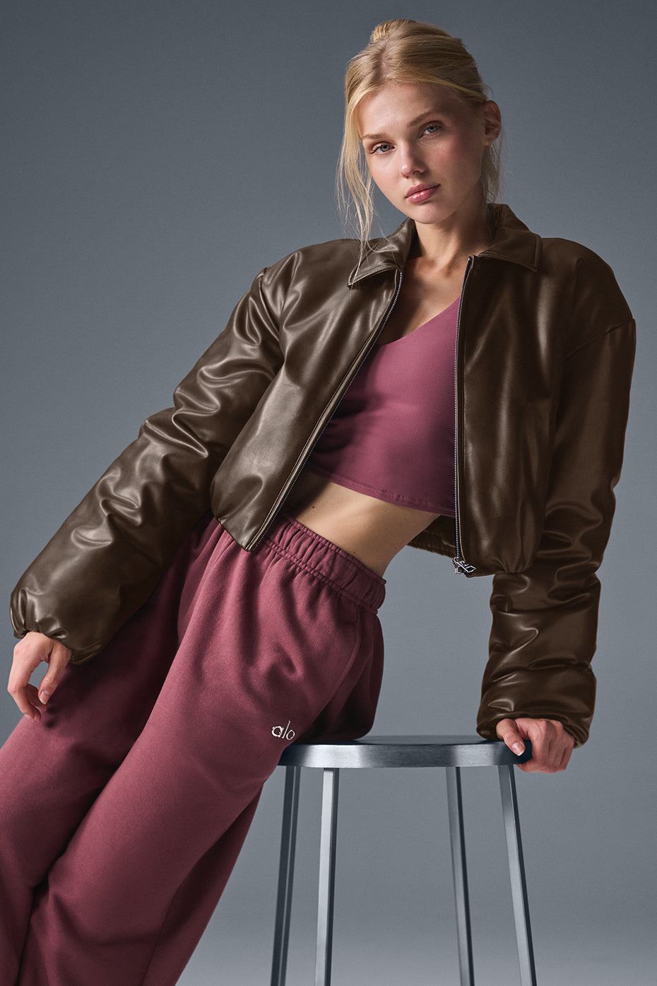 Faux Leather Cropped Premier Bomber - Espresso image 1