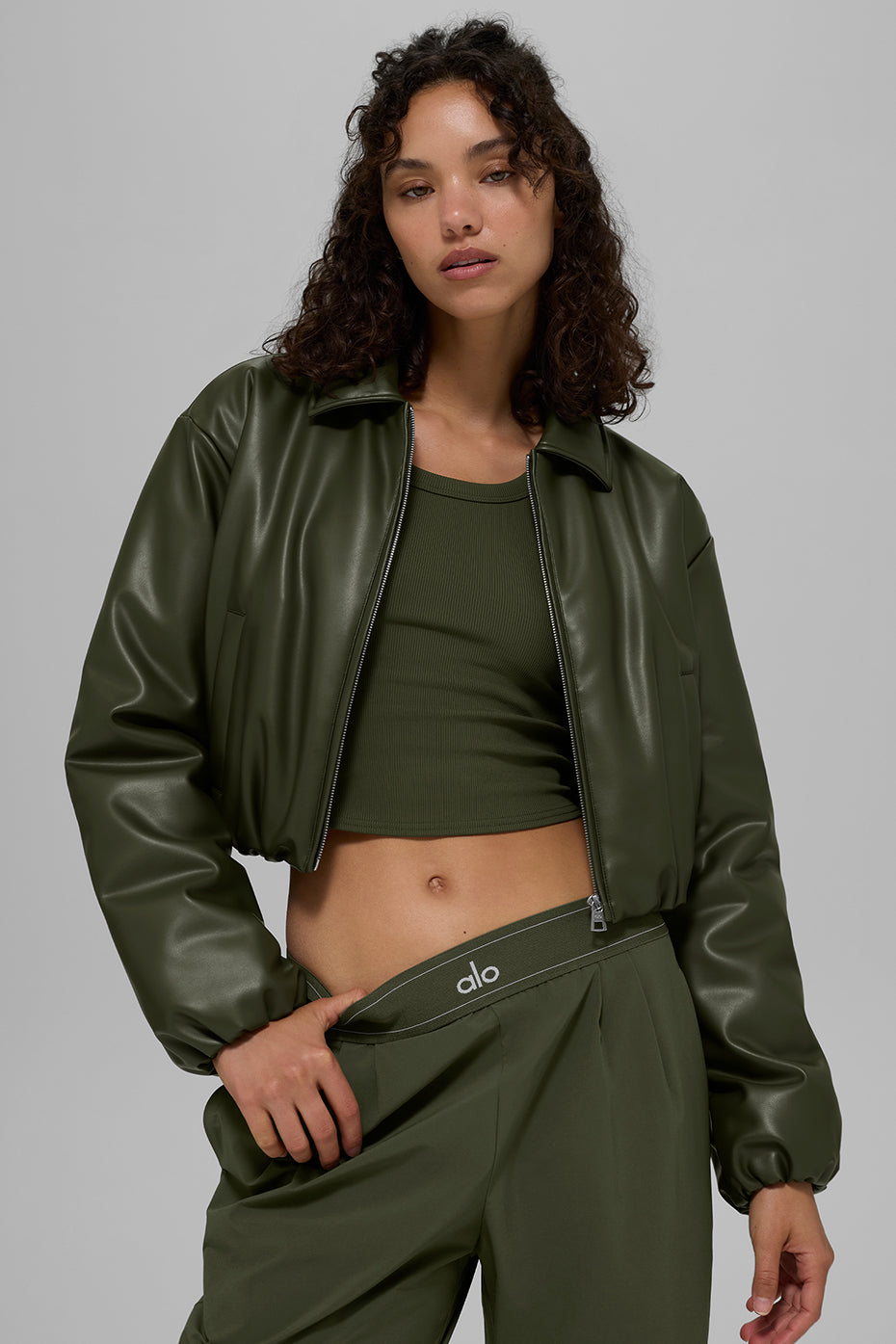 Faux Leather Cropped Premier Bomber - Green Olive image 2