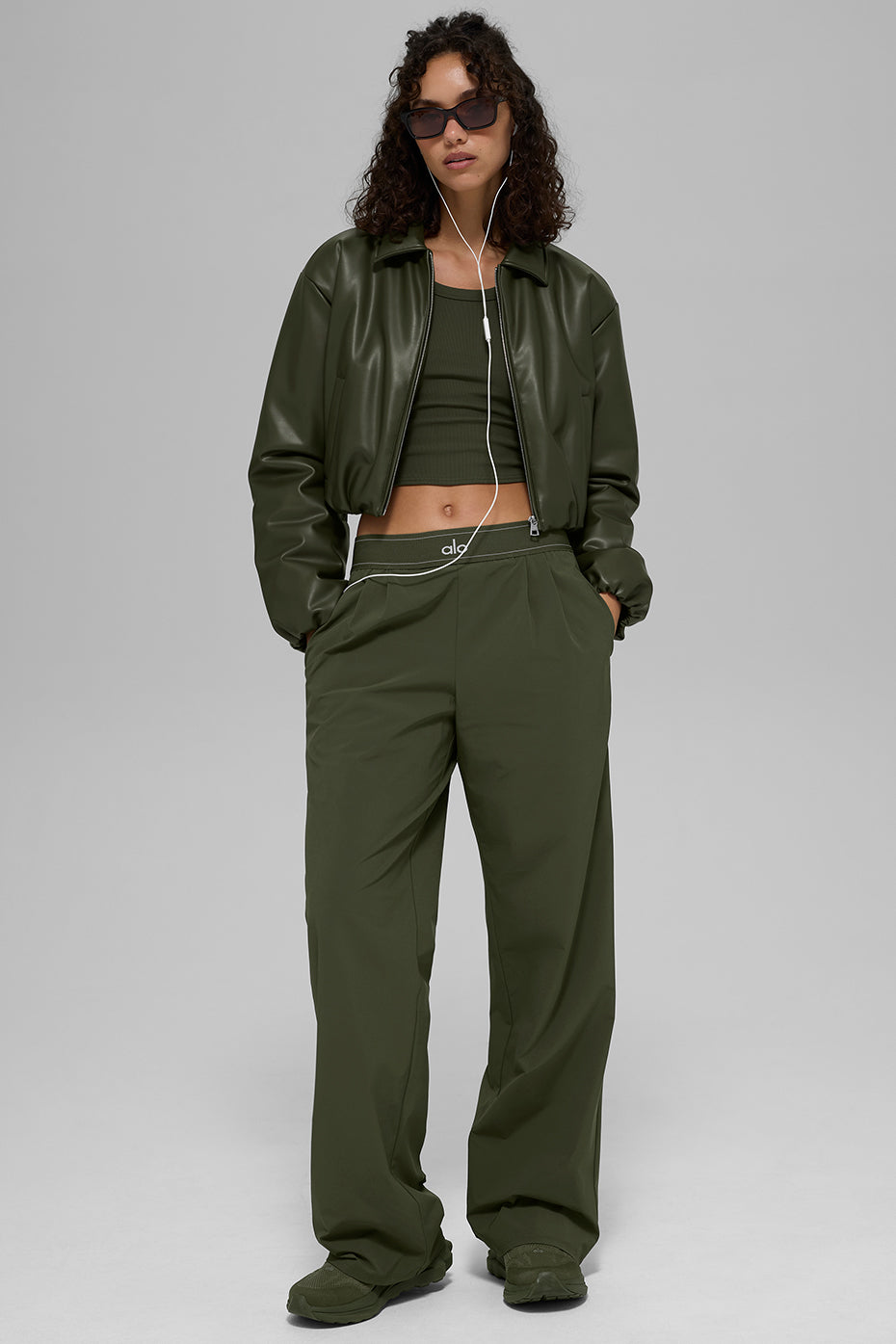 Faux Leather Cropped Premier Bomber - Green Olive image 6
