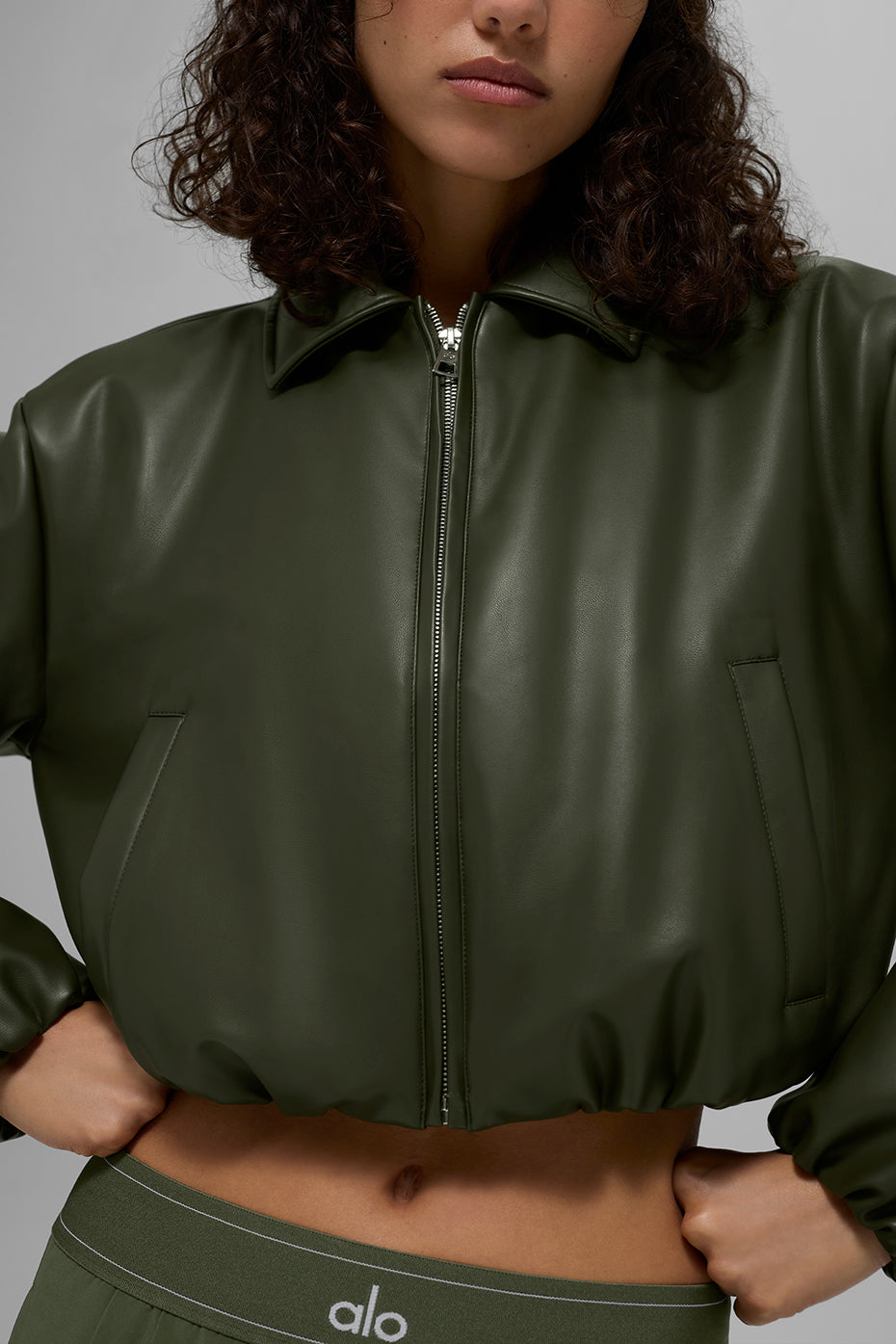 Faux Leather Cropped Premier Bomber - Green Olive image 3