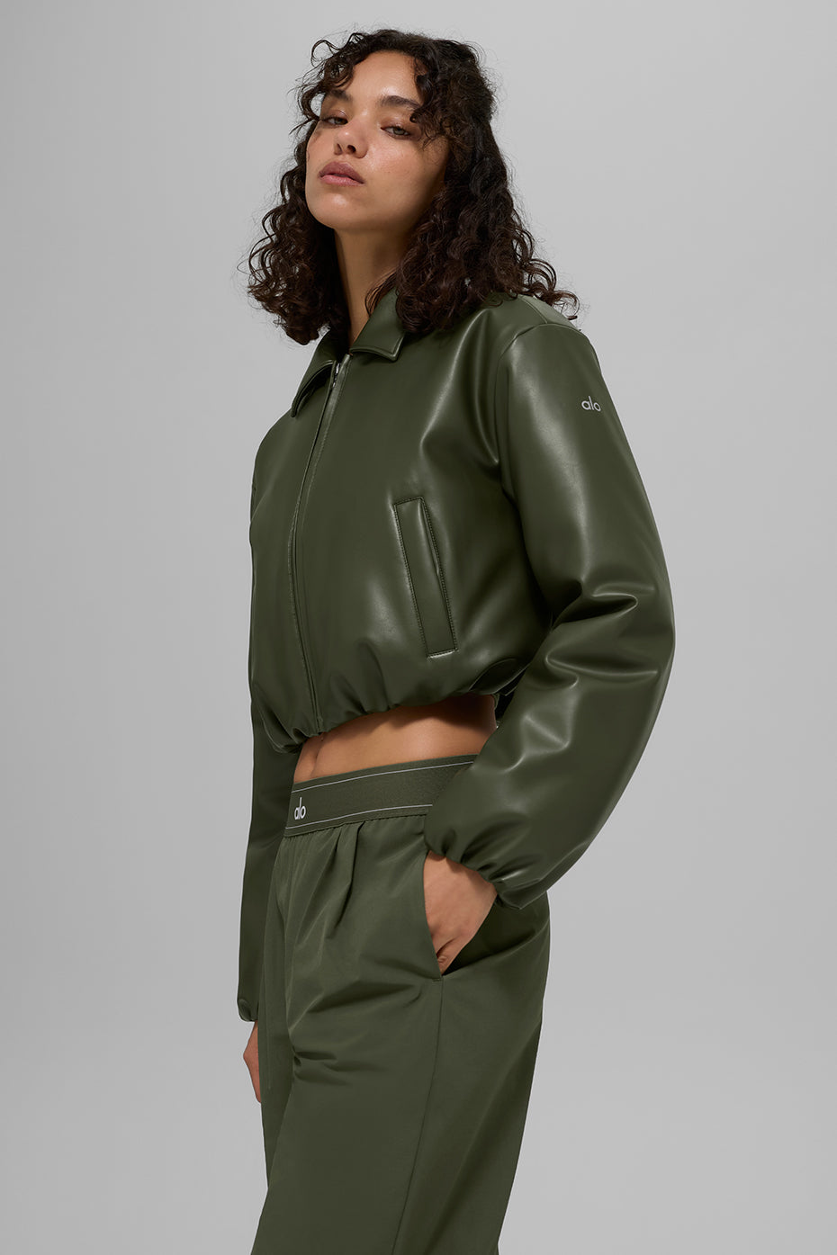 Faux Leather Cropped Premier Bomber - Green Olive image 5