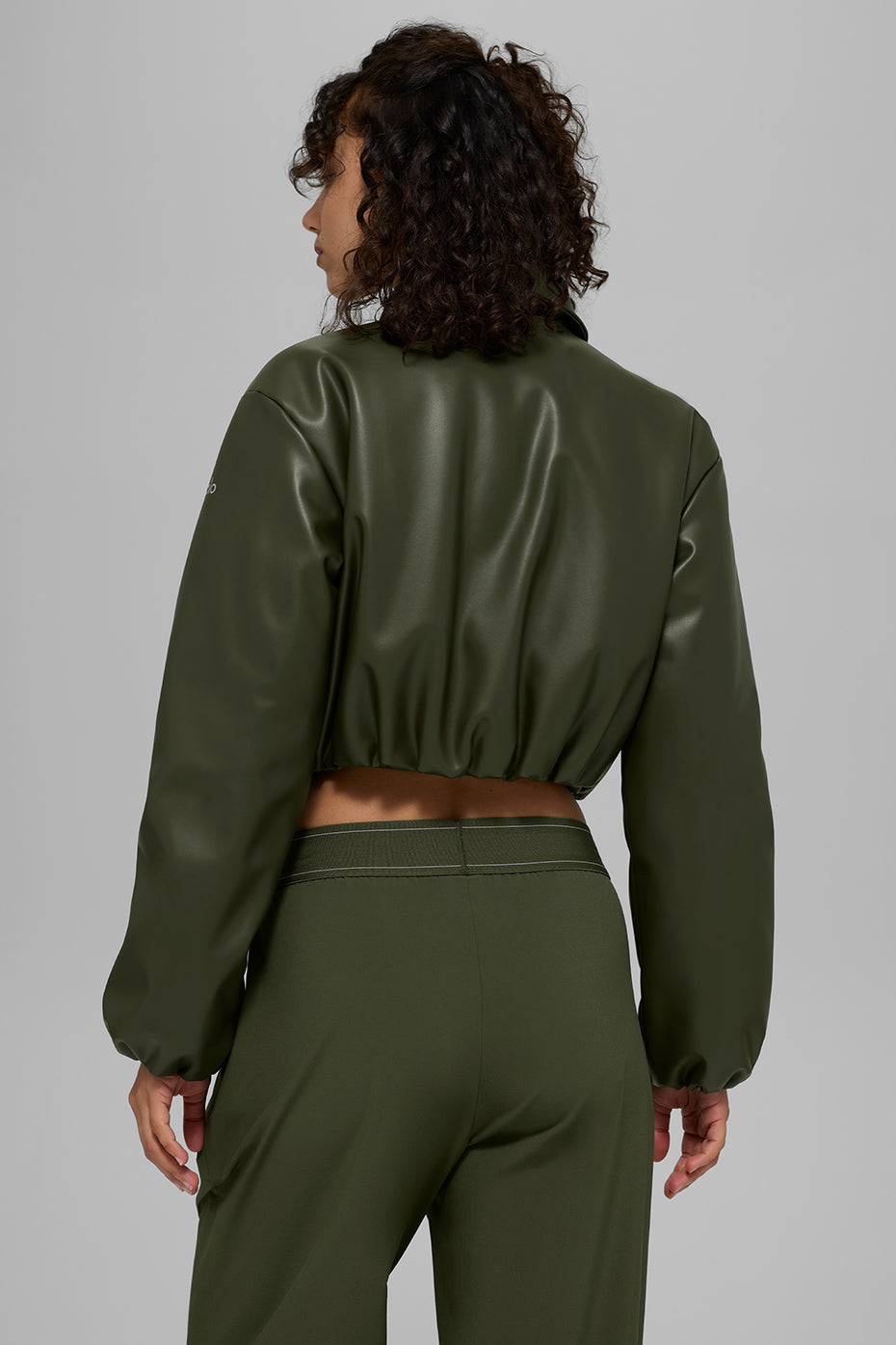 Faux Leather Cropped Premier Bomber - Green Olive image 4