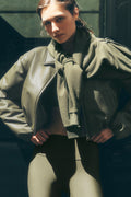 Faux Leather Cropped Premier Bomber - Green Olive image 1