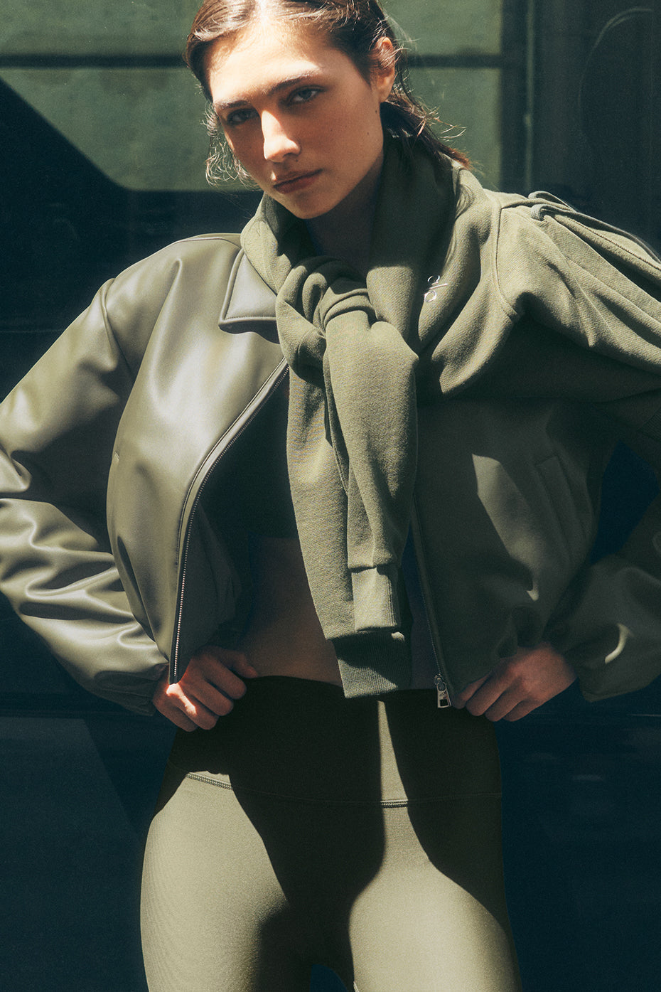 Faux Leather Cropped Premier Bomber - Green Olive image 1